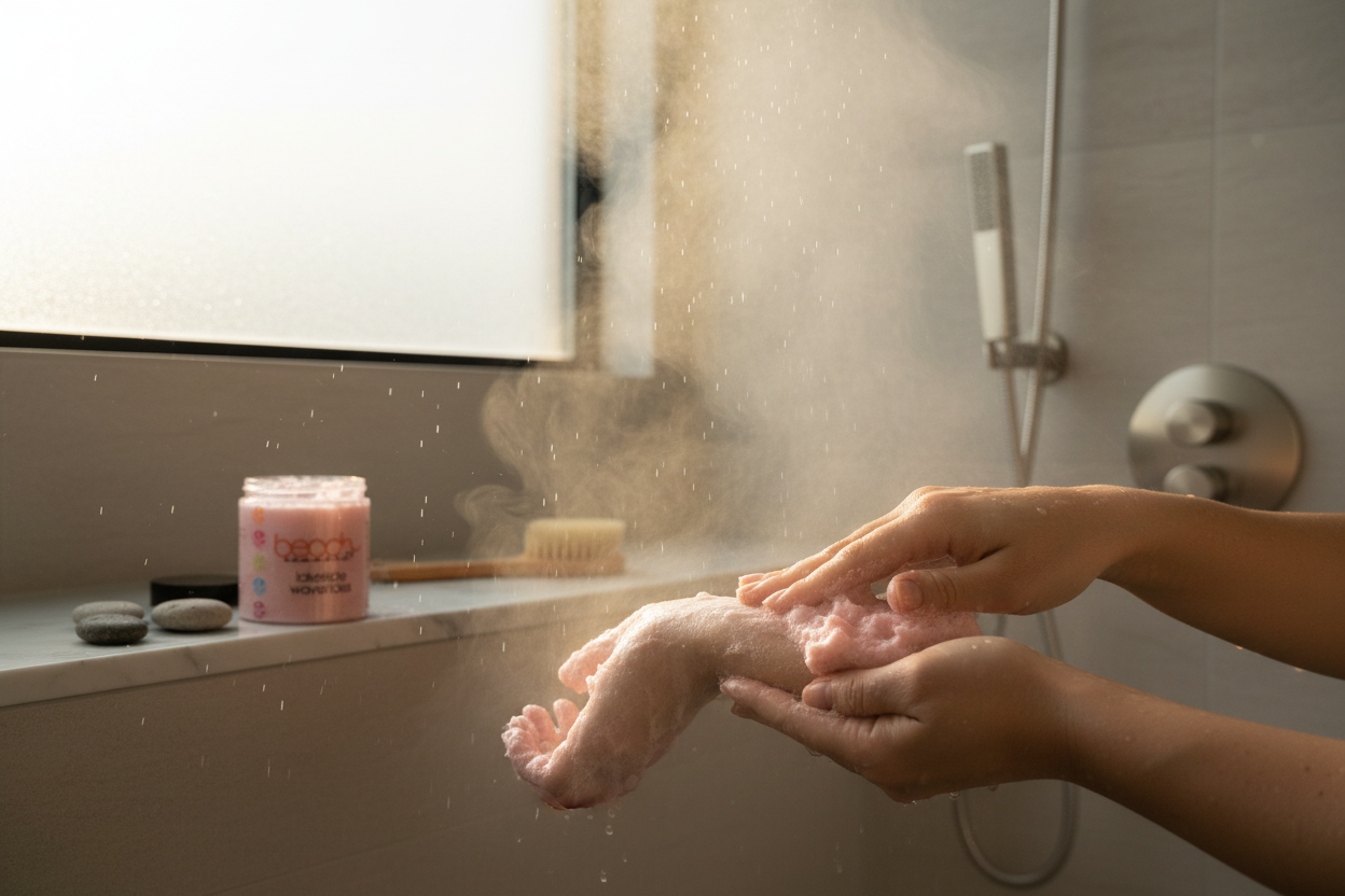 Lakeside Waverides Sugar Scrub in spa-like shower setting
