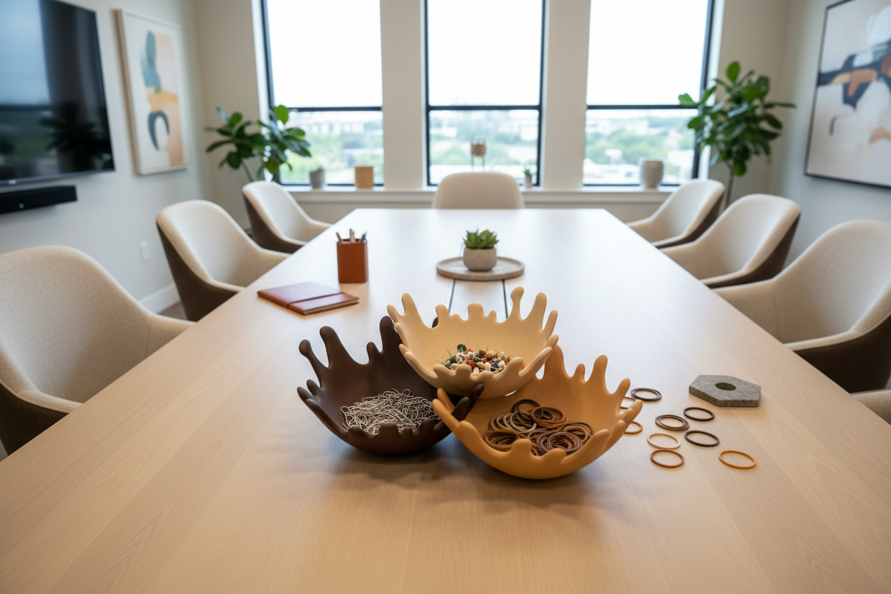 Drip Bowls in tonal colors organizing office trinkets in casual boardroom